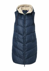 Vadderad marinblå väst med dragkedja fram, huva och mjuk beige pälsfoder; har en diagonalt quiltad design och två framfickor.