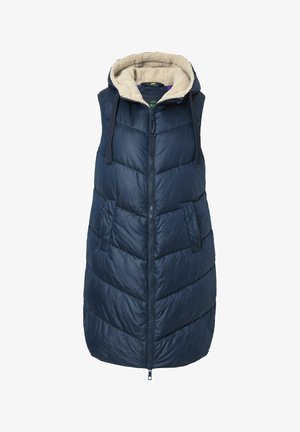 Gilet imbottito navy con zip frontale, cappuccio e morbida fodera in pelliccia beige; presenta un design a quadri diagonali e due tasche frontali.