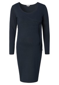 Mörkblå långärmad klänning med omslagdesign, figursydd form och en dekorativ knytning vid midjan, tillverkad av mjukt, stretchigt material.