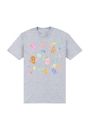 Grå bomulds t-shirt med farverige tegnefilmfigurer i forskellige stillinger, med lyse pastelfarver og legende motiver gennem designet.