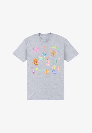 Šedé bavlněné tričko s barevnými kreslenými postavičkami v různých pozicích, s jemnými pastelovými akcenty a hravými motivy v celém designu.