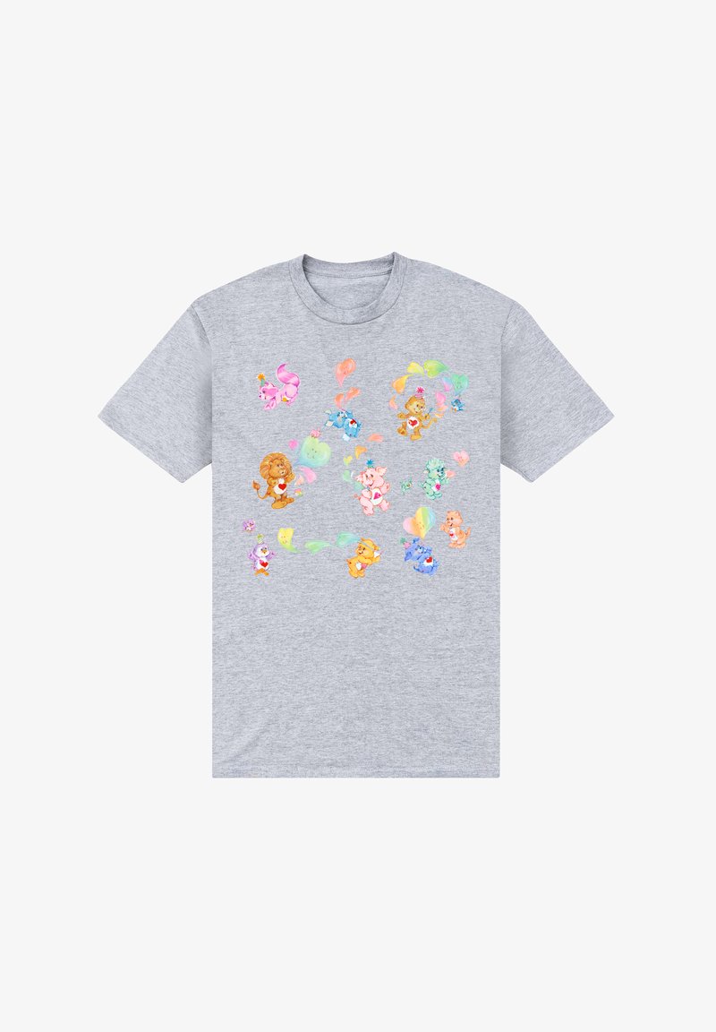 Szara bawełniana koszulka z kolorowymi postaciami z kreskówek w różnych pozach, z jasnymi pastelowymi akcentami i zabawnymi motywami w całym wzorze.