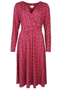 Langärmliges Kleid in Rosa mit kleinem Blumendruck, V-Ausschnitt, tailliertem Design und fließendem Rock, aus leichtem Stoff gefertigt.