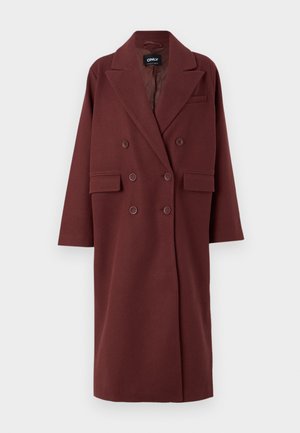 Burgundy, double-breasted coat with a notched collar, side pockets, and a relaxed fit, made from a wool-like texture.