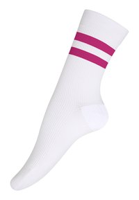 Weißer Sportsocken aus geripptem Material, mit zwei horizontalen pinken Streifen nahe der Oberkante und einer verstärkten Ferse.