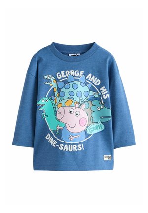 Blauer Langarm-Sweatshirt mit cartoonhaften Dinosauriern und George Pig. Der Text lautet "GEORGE UND SEINE DINO-SAURIER!" mit einem Etikett am unteren Rand.