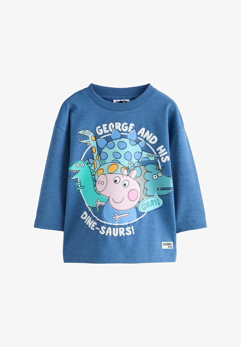 Blue long-sleeve sweatshirt featuring cartoon dinosaurs and George Pig. Text reads "GEORGE AND HIS DINE-SAURS!" with a tag at the bottom.