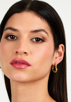 Orecchini a cerchio in oro, finitura lucida, forma circolare, abbinati a un rossetto rosa liscio. Il tono della pelle è caldo, capelli neri lisci.