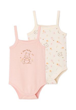 Two sleeveless baby bodysuits; one pink with Winnie the Pooh graphic, the other cream with small floral and bear face prints.