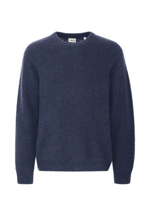 Navy blue knitted sweater with a round neckline, long sleeves, and ribbed texture. Made from soft, cozy fabric.