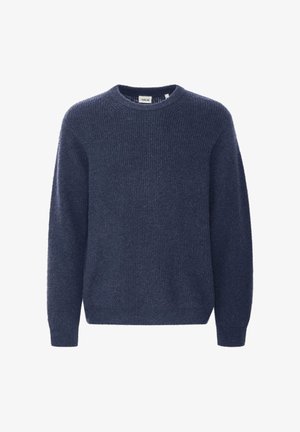 Marinblauer Strickpullover mit rundem Halsausschnitt, langen Ärmeln und geripptem Muster. Hergestellt aus weichem, gemütlichem Material.