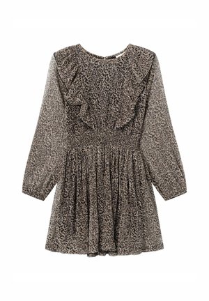 Mini-jurk met lange mouwen en luipaardprint, gerimpelde taille, ronde halslijn en ruches op de borst en schouders.