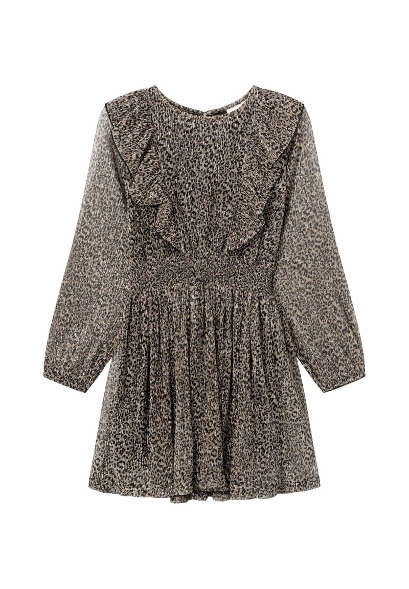 Mini-robe à manches longues avec imprimé léopard, taille smockée, col rond et détails à volants sur la poitrine et les épaules.
