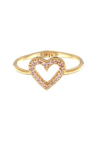 Guldring med ett hjärtformat mönster som är inramat med små rosa ädelstenar. Bandet är smalt och polerat, med en slät finish.