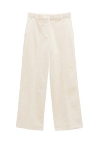 Cremfarbene, weite Hosen mit vertikalen Streifen, die seitliche Taschen, eine flache Vorderseite und einen Bund haben. Strukturierter Stoff.