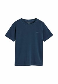 Marineblauwe katoenen t-shirt met korte mouwen, ronde hals en een klein logo in lichter blauw op de voorkant. Glad textuur, standaard pasvorm.