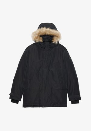 Fekete parkajacket, bunda-bélésű kapucnival, oldalsó zsebekkel és bordázott mandzsettákkal. Simaságot sugalló külső szövet, enyhén fényes felülettel.