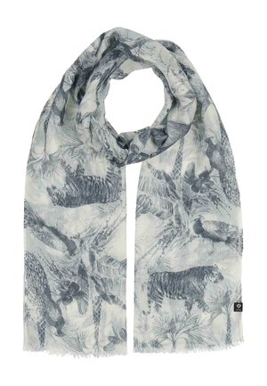 Jasny szal z szczegółowymi czarno-białymi ilustracjami tygrysa, pawia i tropikalnej roślinności, z małą czarną metką na krawędzi.