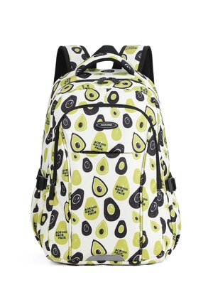 Backpack featuring a white base with a pattern of green and black avocados. It has adjustable straps and a top handle for carrying.