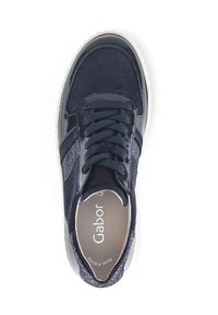 Navy blue suede sneaker with rubber sole, round toe, and textured accents. Features flat laces and a cushioned insole labeled "Gabor."