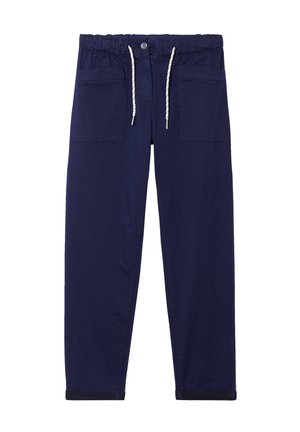 Marineblauwe tapered pants met een elastische tailleband, koord en twee voorzakken; gemaakt van een gladde katoenmix.