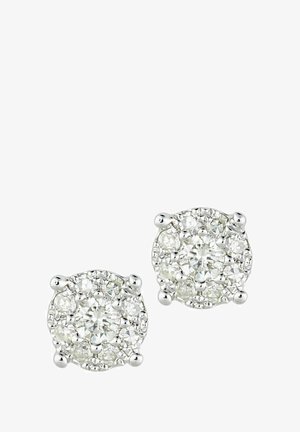 Runde øreringe i sølv med flere små klare ædelsten arrangeret i et blomstermønster, der har en central større ædelsten.