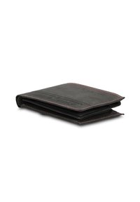 Portafoglio in pelle nera con cuciture rosse a contrasto, forma rettangolare, molteplici scomparti per carte e una texture liscia. Design compatto e pieghevole.