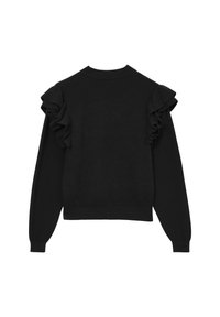 Pull noir avec des accents volants sur les épaules, des manches longues et un col rond. Texture lisse avec un ourlet ajusté.