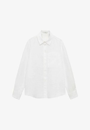 White long-sleeve button-up shirt made of lightweight fabric with a classic collar, single chest pocket, and straight hem.