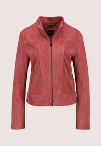 Rote Wildlederjacke mit Reißverschluss vorne, Stehkragen, langen Ärmeln und durchbrochenen Paneeldetails auf der Vorderseite und an den Seiten.
