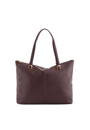 Bolso tote de cuero burdeos con dos asas, cierre con cremallera y acentos de hardware en tono dorado. Textura suave y diseño sin estructura.