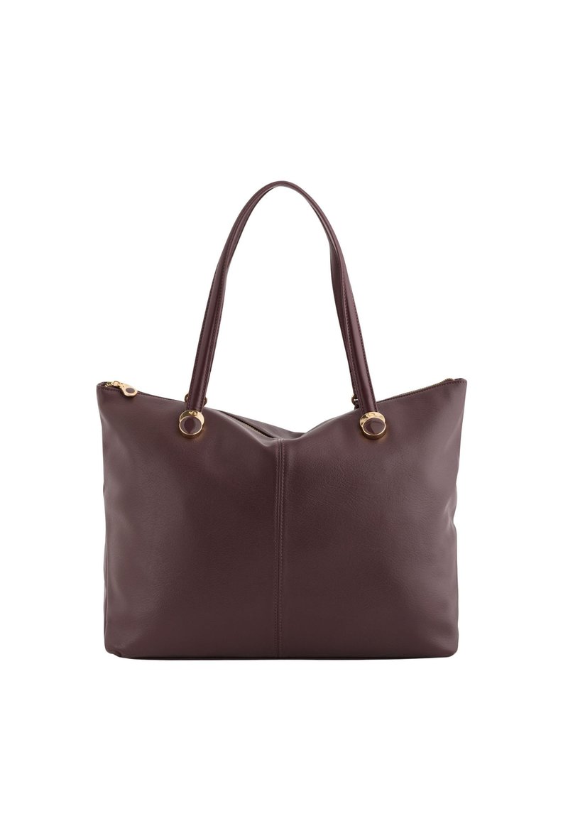 Bordowa skórzana torba na ramię z dwoma uchwytami, zamknięciem na zamek i złotymi akcentami. Gładka tekstura i nieusystematyzowany design.