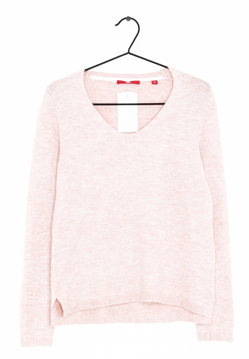 Jasnoróżowy sweter z dzianiny z dekoltem w serek, długimi rękawami i rozcięciami po bokach u dołu. Posiada metkę wiszącą od dekoltu.