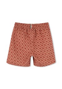 Shorts de bain à motifs rouges avec un design en grille texturé, taille élastique et détail rayé contrastant à l'arrière.