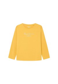 Geltona ilgomis rankovėmis marškinėliai, pagaminti iš minkštos medžiagos, su apvaliu iškirpimu ir priekyje užrašu "Pepe Jeans LONDON" baltomis raidėmis.