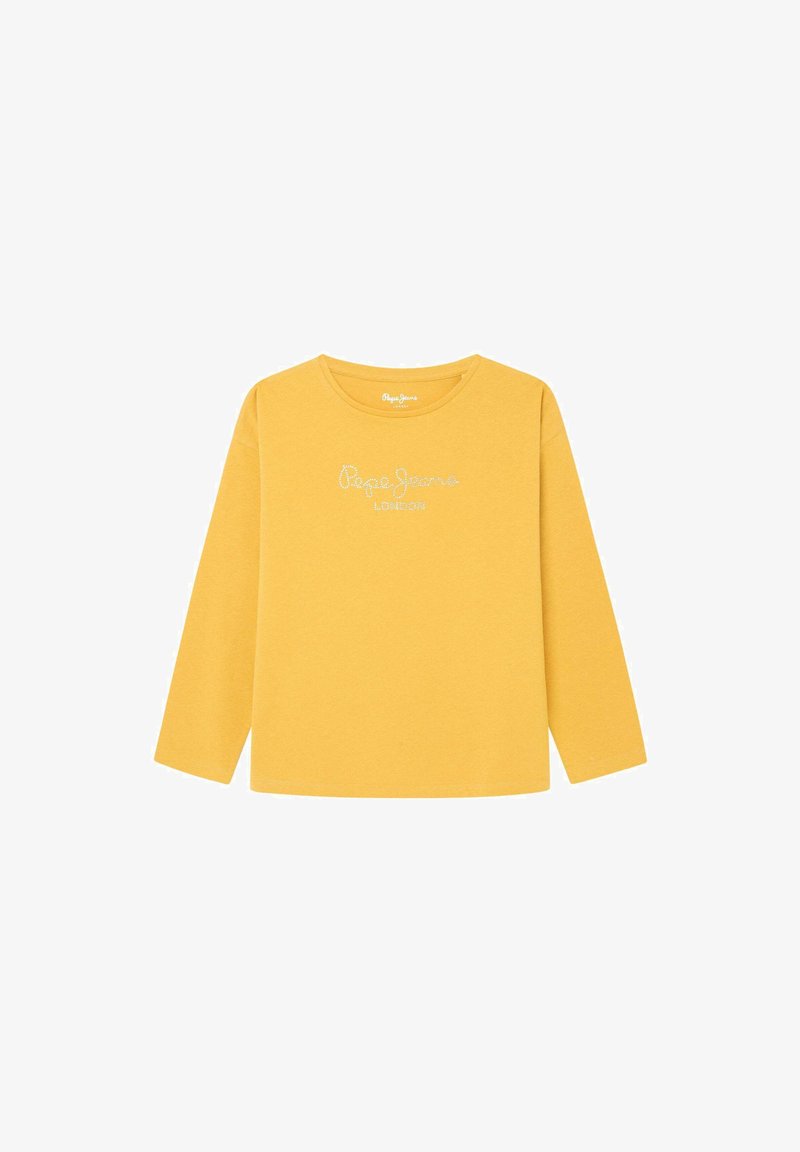 Gelbes Langarmshirt aus weichem Stoff mit einem runden Halsausschnitt und einem Frontdruck, der "Pepe Jeans LONDON" in Weiß zeigt.