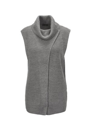 Grijze mouwloze gebreide trui met een col, met een ribbeltextuur en een asymmetrisch voorkantontwerp. Zacht, comfortabel materiaal.