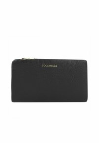 Portafoglio in pelle nera con superficie texturizzata e logo dorato, dotato di chiusura a zip e forma rettangolare compatta.