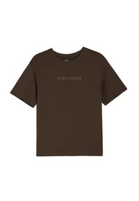 Brązowa bawełniana koszulka z krótkim rękawem i okrągłym dekoltem. Na przodzie nadrukowany tekst "Diverse Athletics" w jaśniejszym odcieniu.