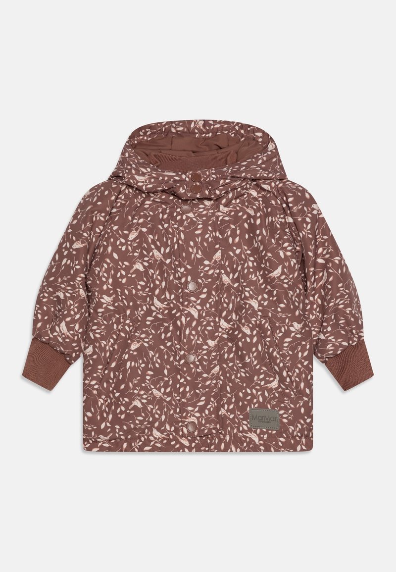 Giacca con cappuccio color malva per bambini, con motivo di uccelli e foglie rosa chiaro, chiusura a bottoni a pressione e polsini a costine.