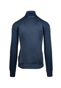 Marine sportjack die een hoge kraag heeft, textuur aan de zijkanten, strakke manchetten en een klein logo op de rug. Soepele stofafwerking.