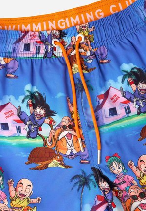 Blaue Badeshorts mit buntem Cartoon-Druck von Charakteren, Palmen und Kame House. Elastischer Bund mit orangenem Kordelzug.