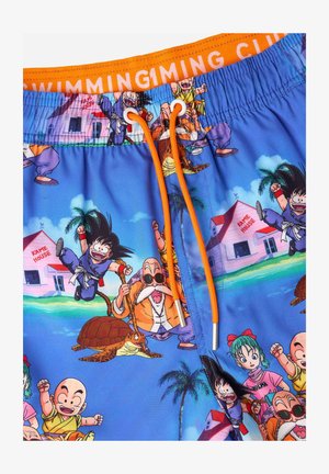 Blaue Badeshorts mit buntem Cartoon-Druck von Charakteren, Palmen und Kame House. Elastischer Bund mit orangenem Kordelzug.