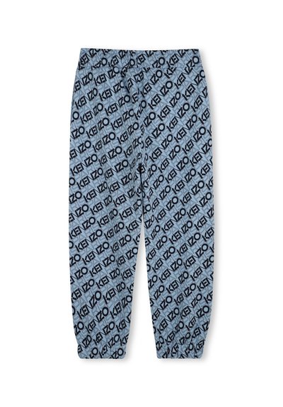 Pantalons bleu clair avec un motif KENZO noir sur toute la surface, ceinture élastique et ourlets à revers. Tissu doux avec une coupe décontractée.
