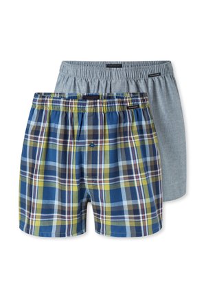 Shirtless man with short hair wearing blue, green, and yellow plaid boxer shorts, standing with hands behind his back on a white background.