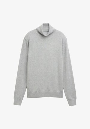 Pulover gri cu guler înalt, confecționat dintr-un material tricotat moale. Are un guler pliat, mâneci lungi și o croială lejeră, cu manșete și tiv cu nervuri.