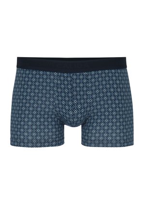Marineblaue Boxershorts mit geometrischem, weißen Diamantenmuster, elastischem Bund mit 'GALIDA'-Logo, weichem Stoff, mittellanger Beinlänge, tailliertem Design.