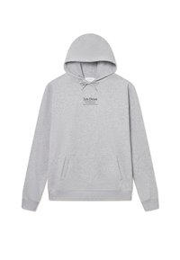 Grijze katoenen hoodie met een trekkoordcapuchon, een vo pocket en bedrukt logo-tekst. Heeft ribgebreide manchetten en zoom, met een zachte textuur.