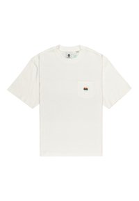 White cotton t-shirt with short sleeves, a round neckline, and a front left pocket featuring a multicolored embroidered design.