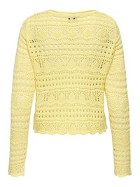Geel gebreide cropped trui met lange mouwen, voorzien van ingewikkelde opengewerkte patronen en een afgeronde zoom, gezien vanaf de achterkant.